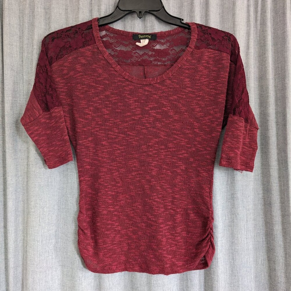 Whimsigoth Grunge 90s VTG Blouse Size S Red Burgundy Lacy Elbow Length Sleeves